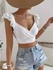 Eyelet Crop T-Shirt, Casual Flutter Sleeve Top For Spring  Summer, Women's Clothing