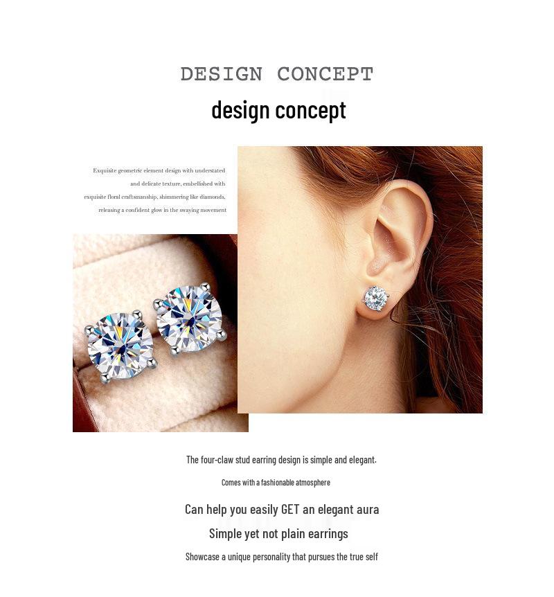 D Color 2 Carat Moissanite Stud Earrings, 18k Gold-plated S925 Sterling Silver for Women