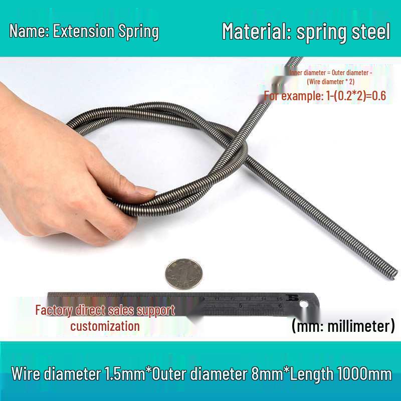 1m Spring Coil Extension with Hook - Strong Tensile Force, Thin Soft Sheath, for Tarpaulins & Sliding Doors