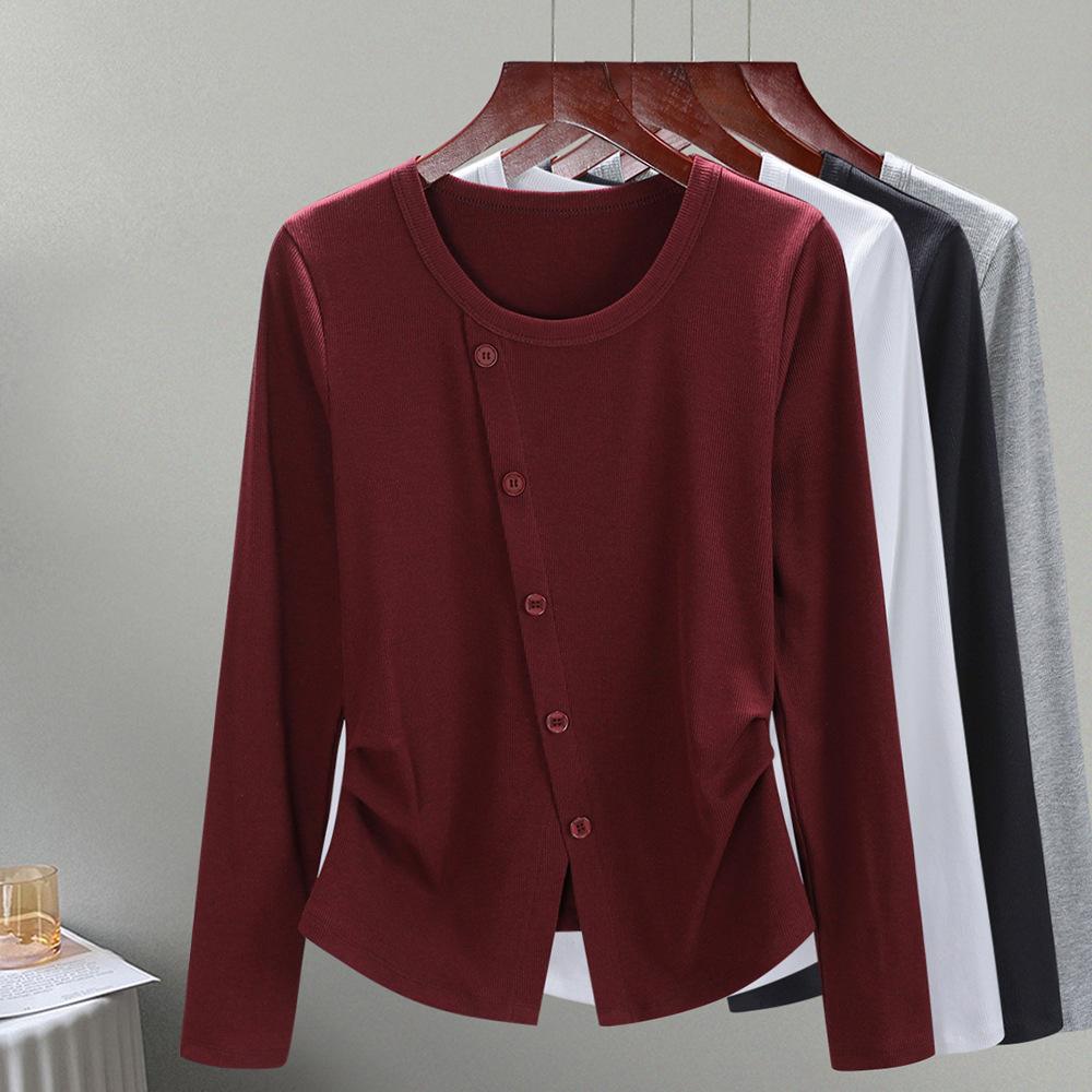 

Дизайнерский свитшот с круглым вырезом и нерегулярным длинным рукавом, женский осенний облегающий топ на пуговицах, универсальная базовая футболка M