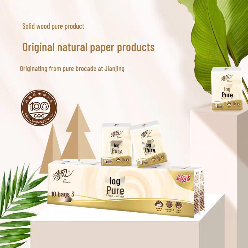 Qingfeng 3-Ply Facial Tissue Travel Pack: 10 Packs of 8 Sheets, Original Wood Pure Handkerchief Paper Napkins
