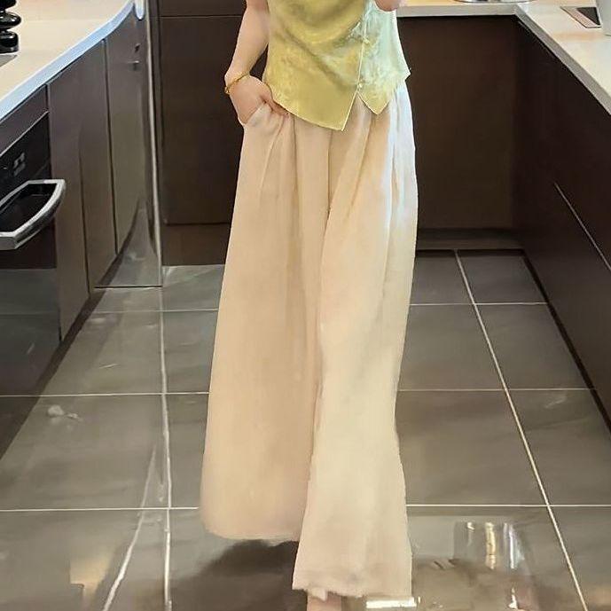 

Elegant Women s Summer 2026 Chinese-Style Suit: Stand-Up Collar Frog Button Top & High-Waisted Wide-Leg Pants Two-Piece Set S (Recommended under 47.5 kg)