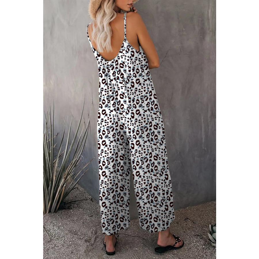 Summer Casual Beach Leopard Jumpsuit Women Spaghetti Strap Print Rompers Loose Pocket Sleeveless Jumpsuits