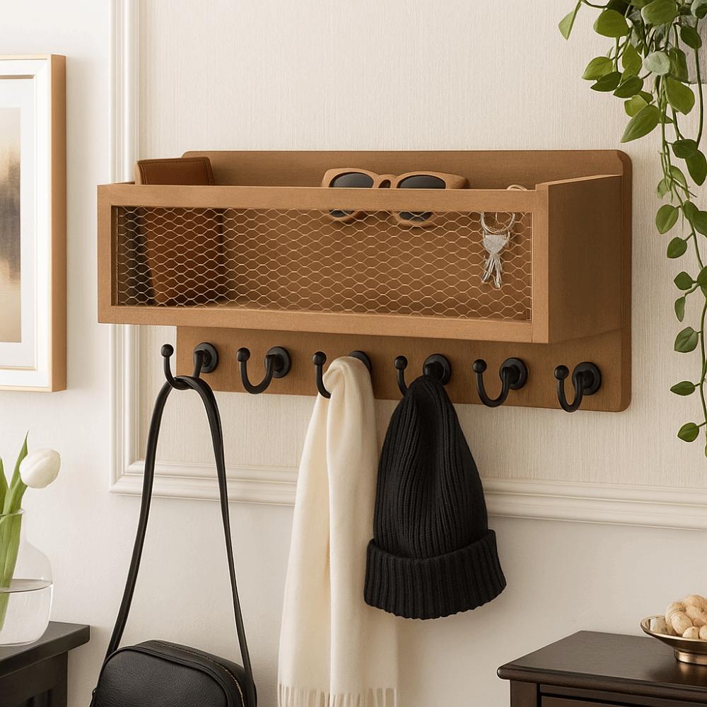 Wall Mounted Solid Wood Storage Rack Vintage Storage Shelf Key Rack Home Organization