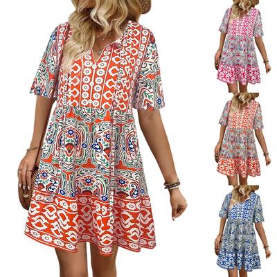Women's Fashionable Bohemian Printed V-neck Dress