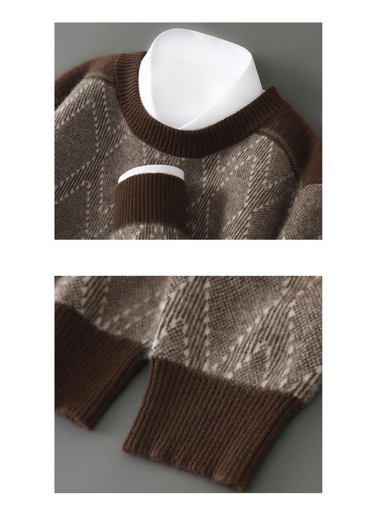 Men's Pure Wool Diamond Pattern Round Neck Loose Knit Sweater - Autumn/Winter Pullover