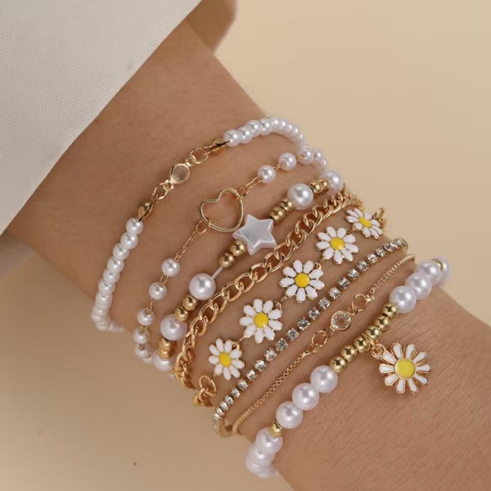 Zircon Jewelry Set Lightweight Pearl Heart Bracelet Gold Color Jewelry  Daisy Flower Bracelet For Gifts For Women Parties