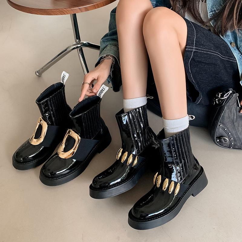 Metall Große Schnalle Plateau Leder Damen Kurzstiefel Chelsea Boots Damen Schwarz Britisch Martin Stiefel