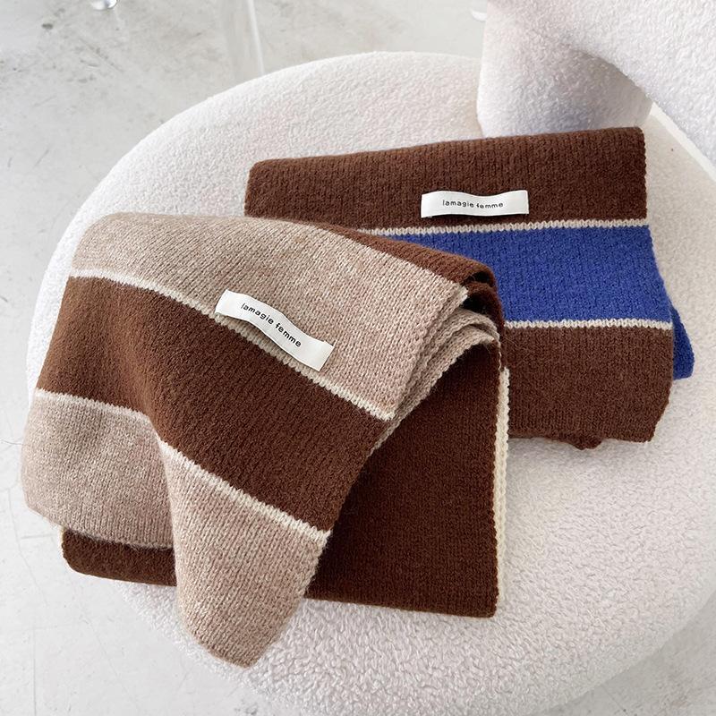 Soft Touch Korean Chic Color blocked Striped Scarf Japanese and Korean Retro Long Winter Warm Knitted Scarf for Men and Women