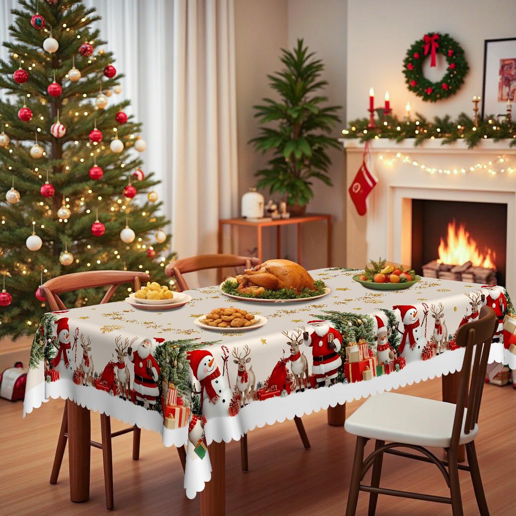 Christmas Table Cloth, Rectangular Tablecloth Santa Reindeer Snowman Tablecloth, Christmas Eve Table Cloth