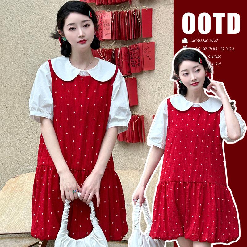 2026 Summer Maternity Two-Piece Set: Doll Collar Shirt & Red Polka Dot Vest Dress L