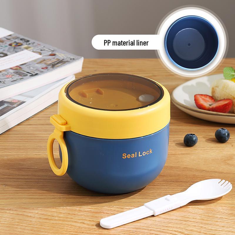 304 Stainless Steel Insulated Breakfast Cup with Lid & Spoon - Large Capacity for Porridge, Oatmeal, Milk; Portable for Students & Office Workers