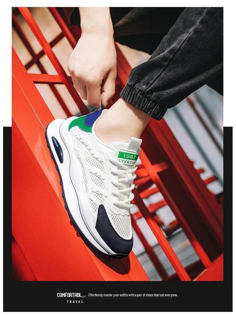 Men's Trendy White Mesh Sneakers - Breathable, Thick-Soled, Casual Dad Shoes