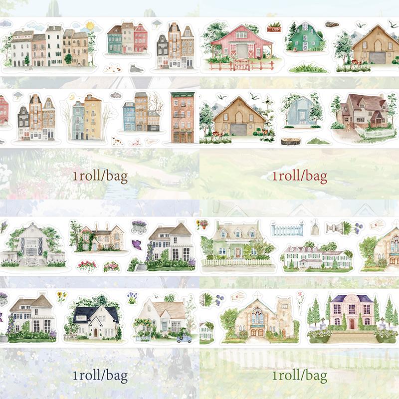 

Mr Paper 4rolls/bag Slow Crossing Spring Light Series and Paper Die-cut House Landscaping Tape Handbook DIY Photo Frame Card