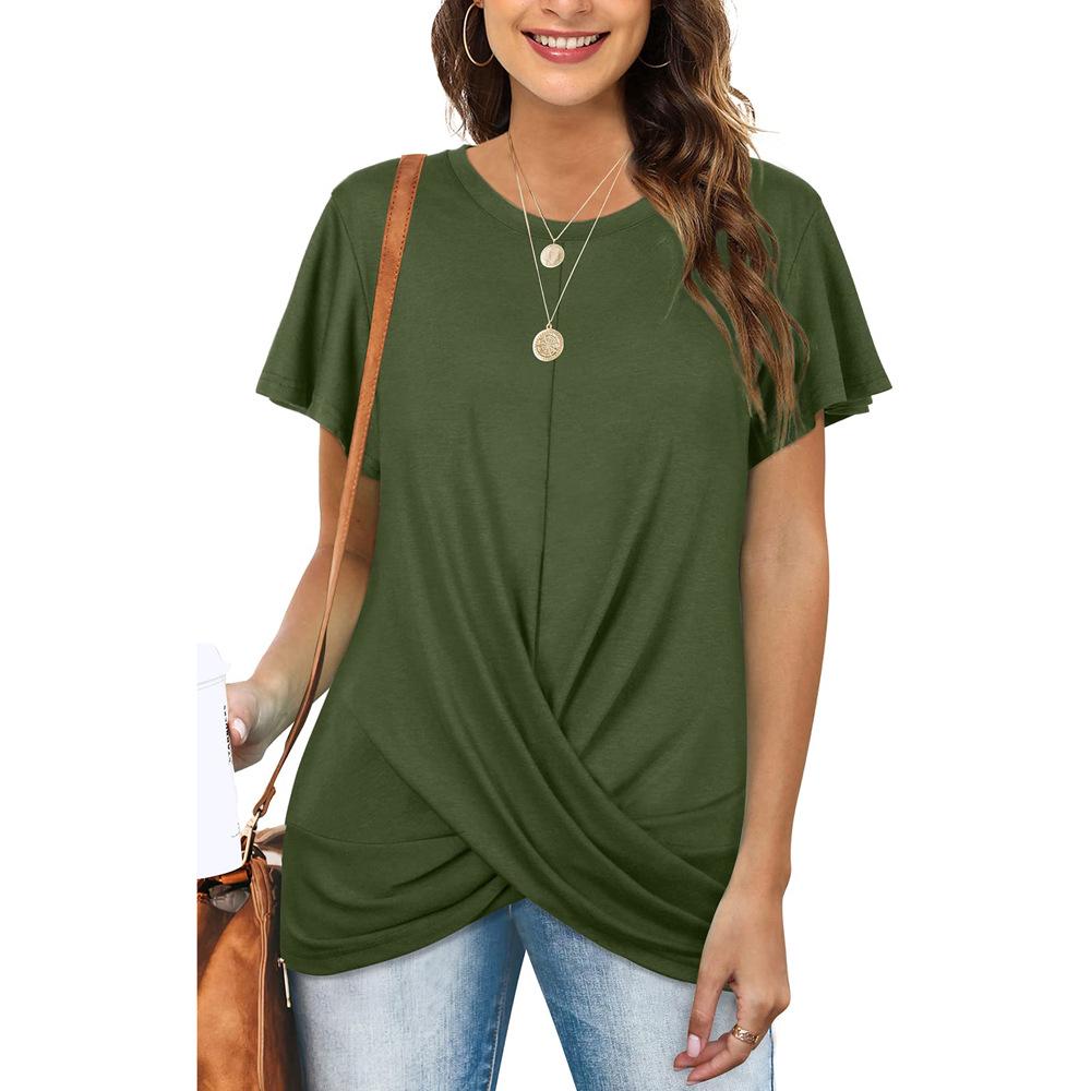 European & American Women's Solid Color Twist Short Sleeve Round Neck T-Shirt