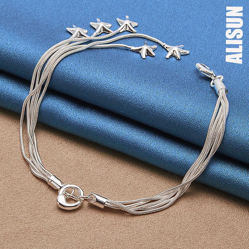 925 Sterling Silver Five Solid Starfish Chain Bracelet Fashionable Wedding Jewelry