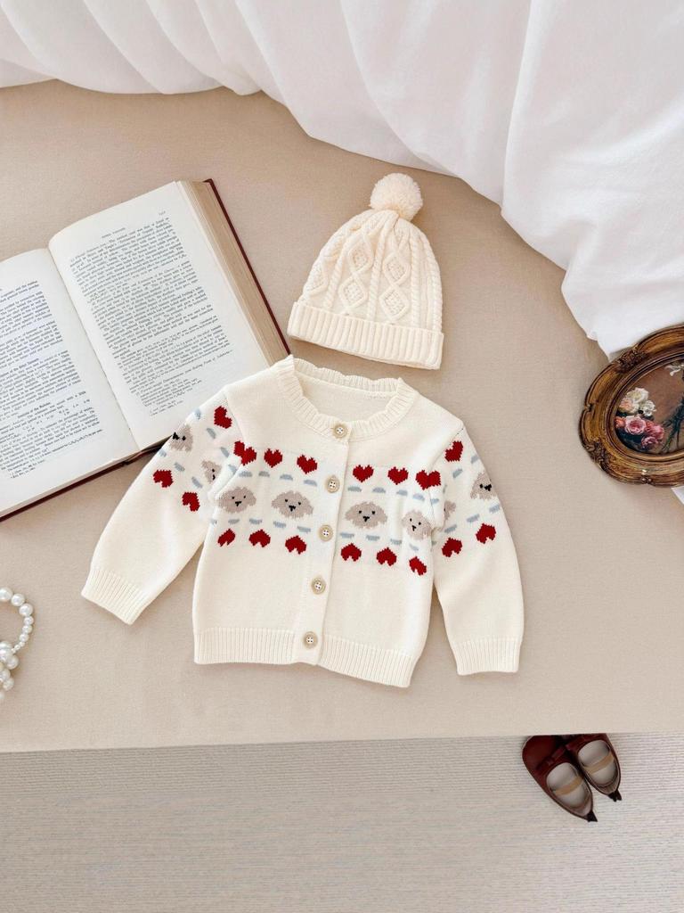 Neuer Stil Baby-Body mit Hosenträgern & Jacke: Frühling/Herbst Jacquard Bär Herz Strickjacke Zweiteiler