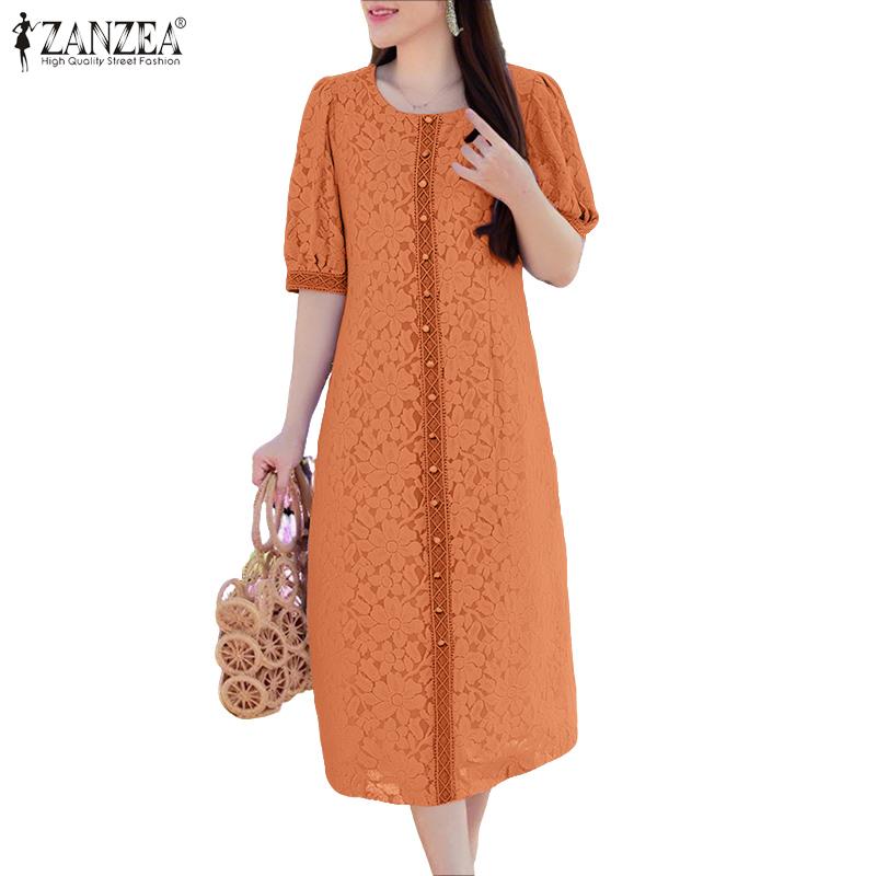 ZANZEA Women Casual Round Neck Loose Lace Patchwork Half Sleeve Dress