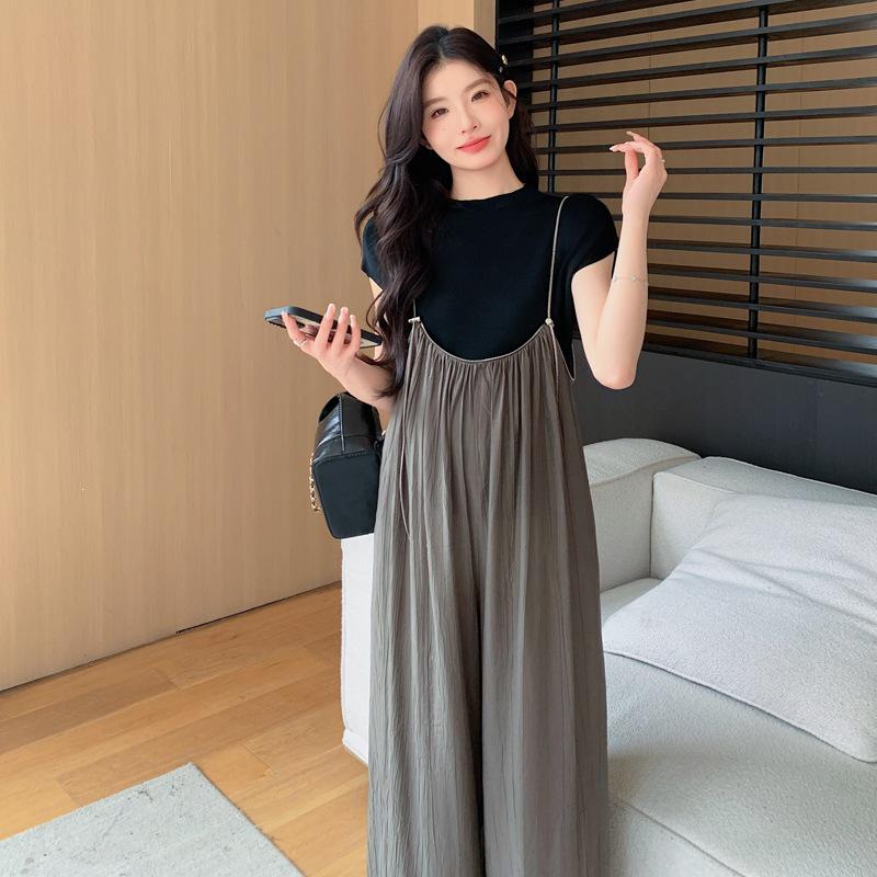 Summer 2026 Maternity Overalls Set: Wide-leg Zipper Overalls + Ice Silk Layer Top