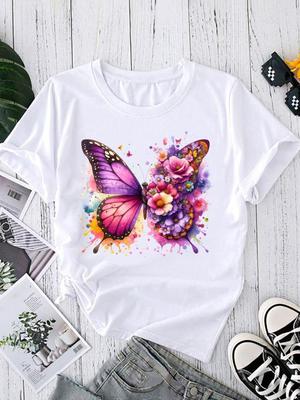 (Taille asiatique) T-shirt Graphique Style Fleur Papillon T-shirts Femme Décontracté Manches Courtes Col Rond Impression Mode Haut pour Femme T Vêtements