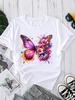 (Asian Size) Flower Butterfly Style Graphic Tee T-shirts Female Casual Short Sleeve O-neck Fashion Print Women's Top T Clothing