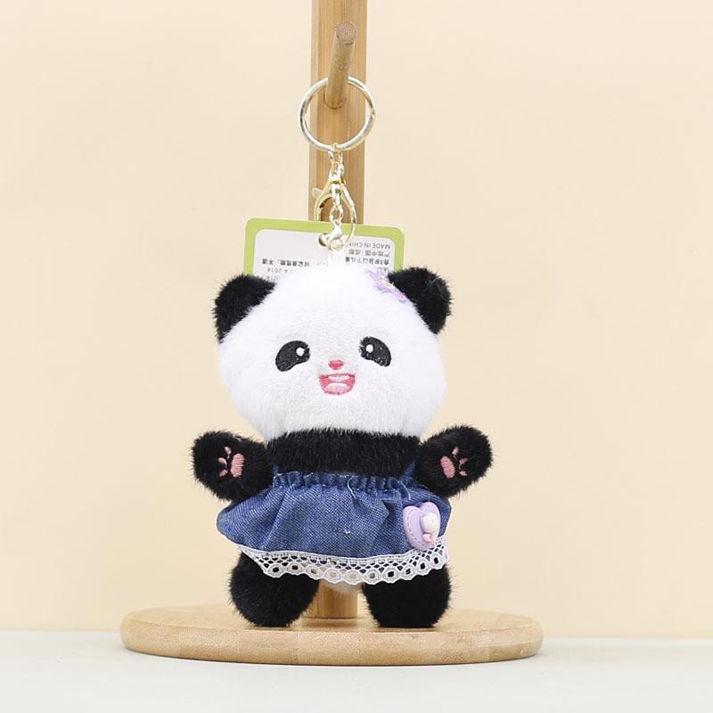 Plush Panda Doll Keychain Pendant Wearing Lace Edged Denim Skirt Design For Kids