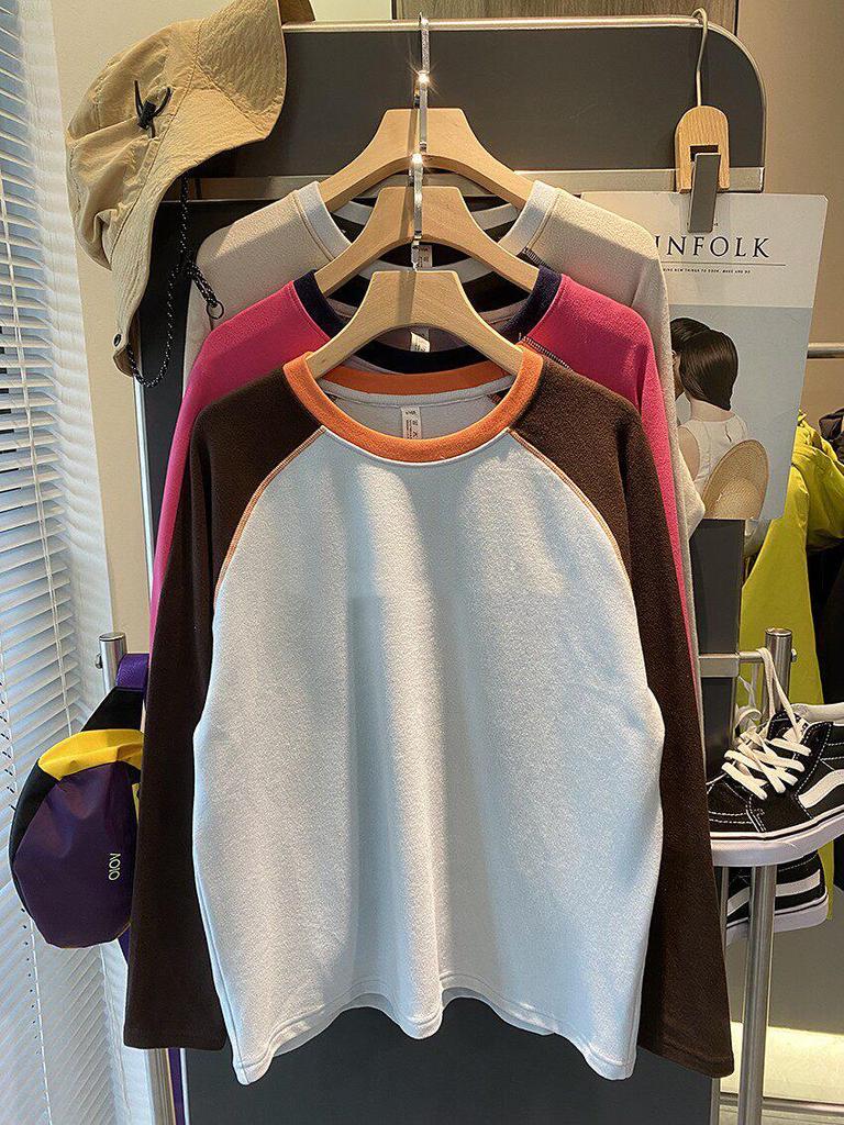 2025 Autumn/Winter Women's Dopamine Color Block Warm Plush Raglan Long Sleeve Base Layer T-shirt.