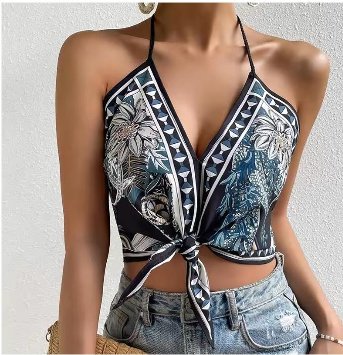 Women Sexy Floral Print Knot Front Halter Sleeveless Crop Cami Top S синий