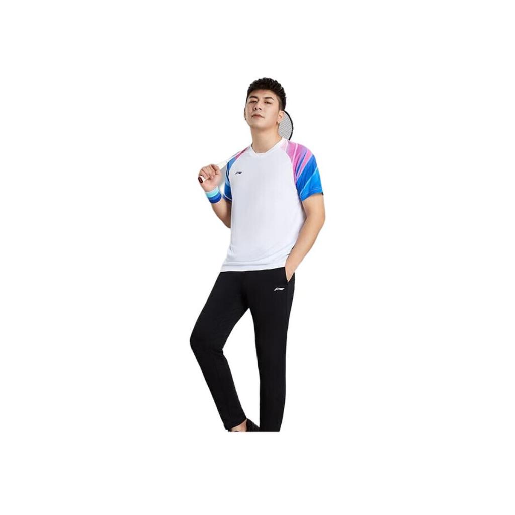 Li Ning Badminton Series Color Block Printed V-Neck Pullover Short Sleeve T-Shirt Mid Waist Shorts Casual Sports Set Unisex Sports Set AATU023-1
