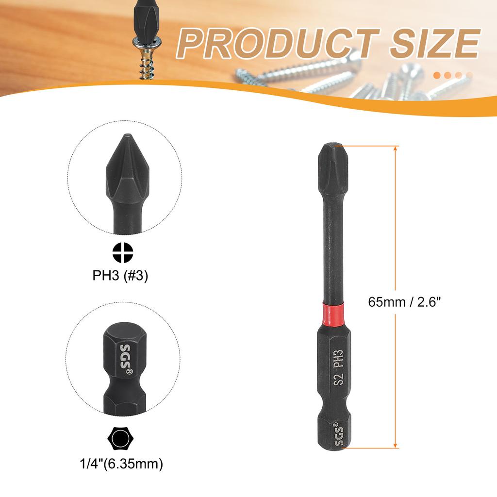 Phillips Impact Screwdriver Bit 1/4" Hex Shank Magnetic Cross Head Drill Bits S2 Steel Screw Driver for Impact Power Drivers