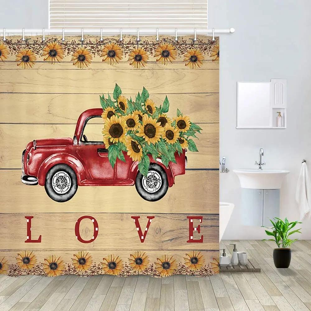 

Sunflower in Retro Truck Shower Curtain Vintage Red Car Pulls Sunflower and Love on Rustic Wooden Board Valentines Bath Curtains W90XH180cm