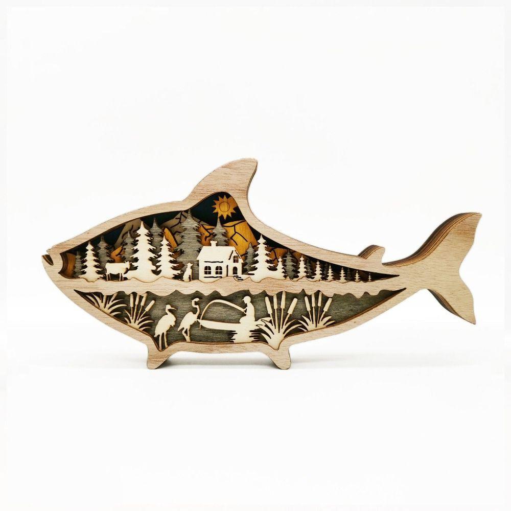 

Wooden Marine Wood Crafts Ornaments Creative Figurines Ornaments Fish Carved Decoration Birthday A-No Light