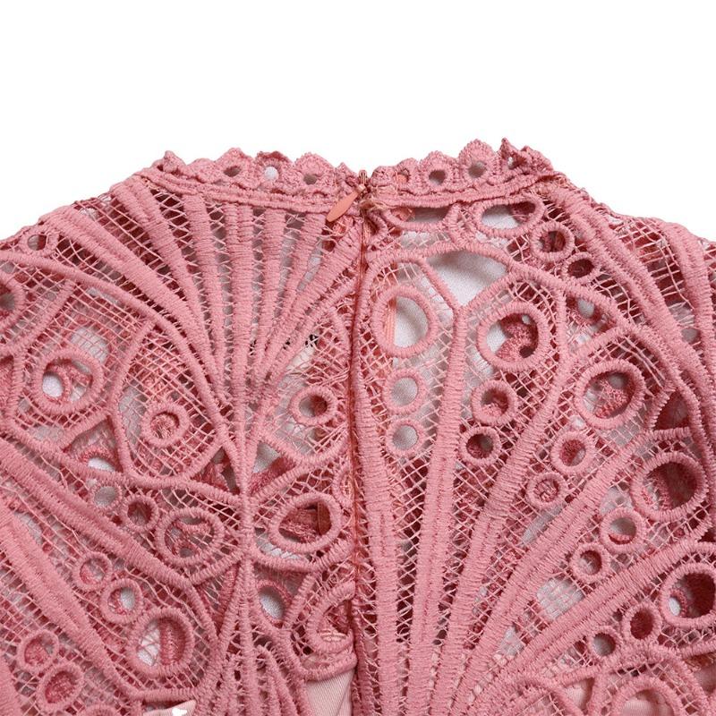 Women Plus Size Fashion Sexy Lace Crochet Hollow Out Pleated Midi Dress