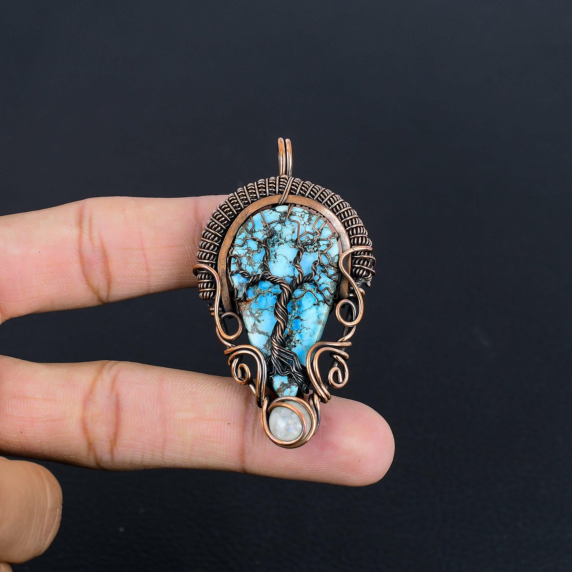 

Blue Turquoise Handmade Gemstone Pendant, 999 Copper Wire Wrapped Antique Jewelry Pendant, For Engagement Gift 2.55 Inches