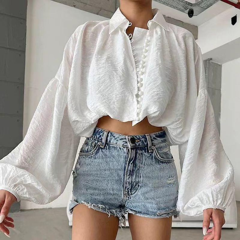 

Western Style New Loose Simple Shirts Champray Temperament Shirt Loose Bubble Sleeved Shirt White L