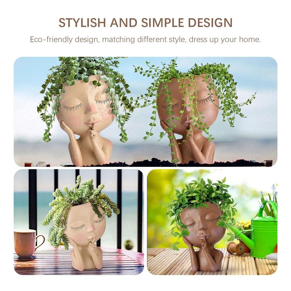 Gezicht Hoofd Planter Vetplant Bloempot Hars Container Met Afvoergaten Bloempot Figuur Tuindecoratie Tafelblad Ornament