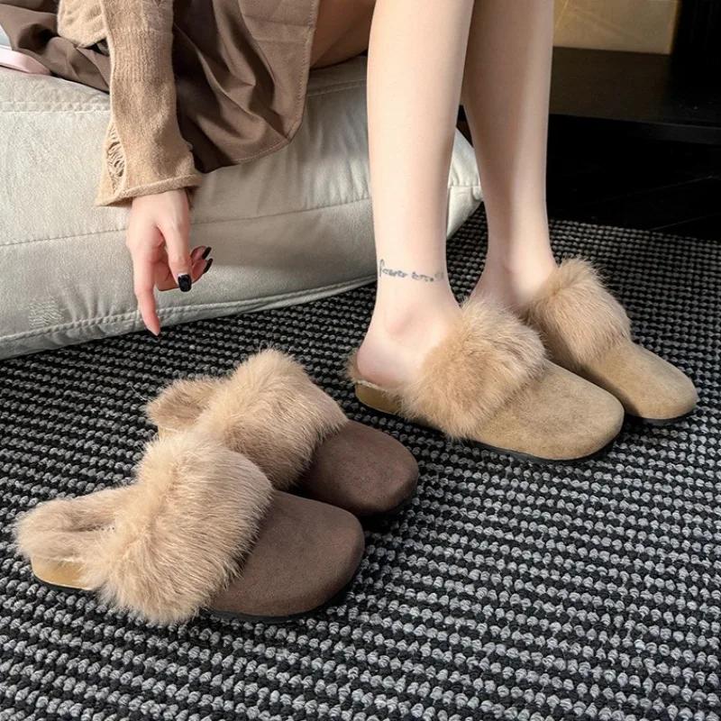 Neuartige Plüsch-Design Flache Hausschuhe Damen Bequem Weiche Sohle Rutschfeste Plateau-Schuhe Winter Herbst Warm Flauschige Baumwoll-Hausschuhe