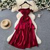 French red suspender with chest pad satin dress women's waist ruffle edge sleeveless A-shaped dress socialite dress