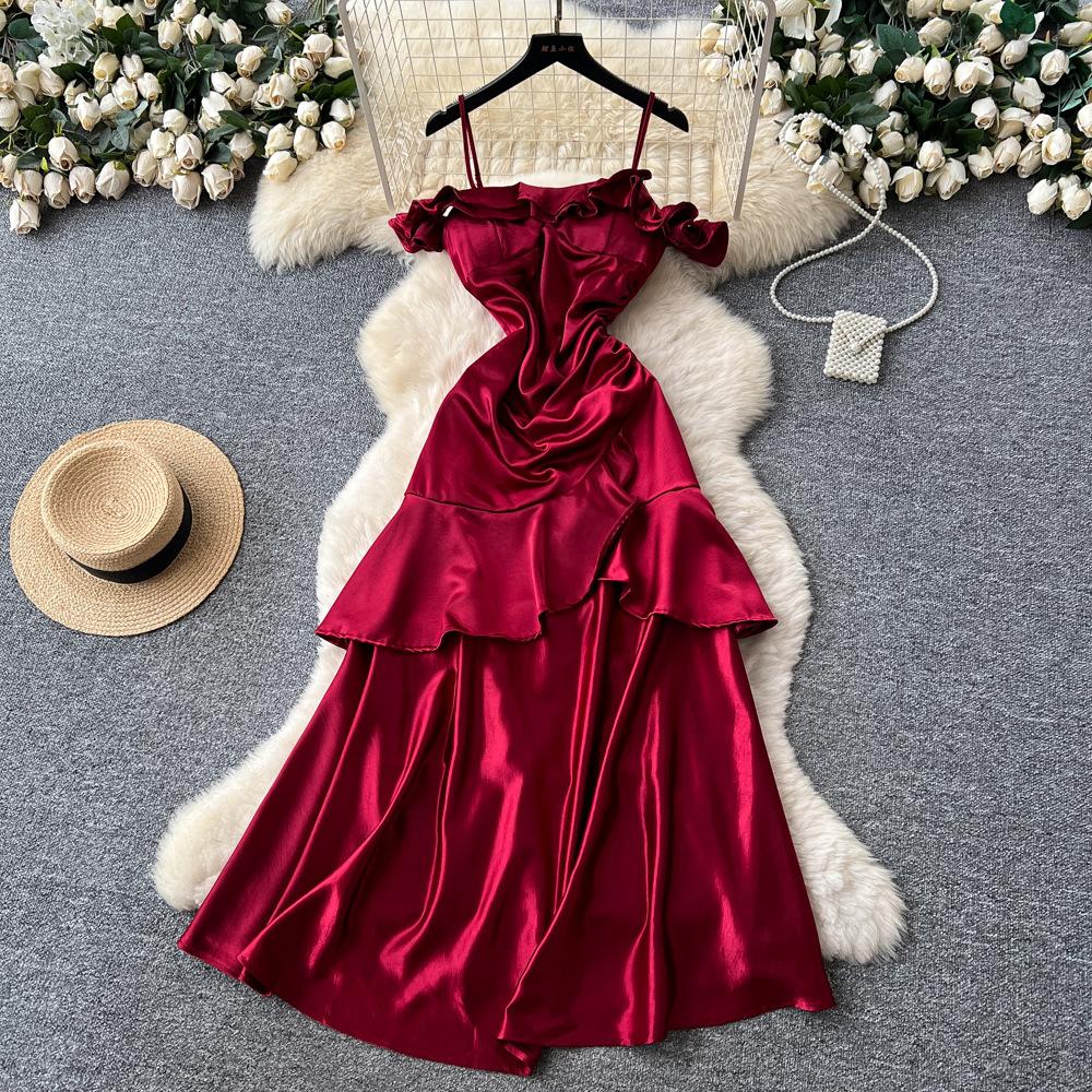 French red suspender with chest pad satin dress women's waist ruffle edge sleeveless A-shaped dress socialite dress