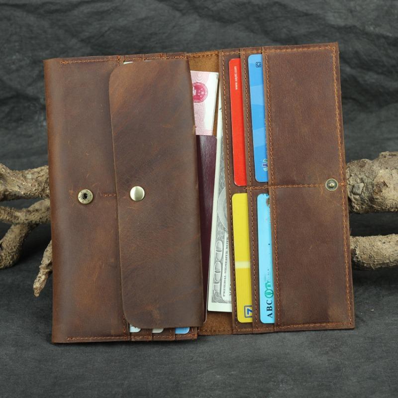 Herren Vintage Crazy Horse Echtes Leder Portemonnaie Lange Dreifach-Kupplungstasche Langlebige Handtasche mit großem Fassungsvermögen für den täglichen Gebrauch und Reisen
