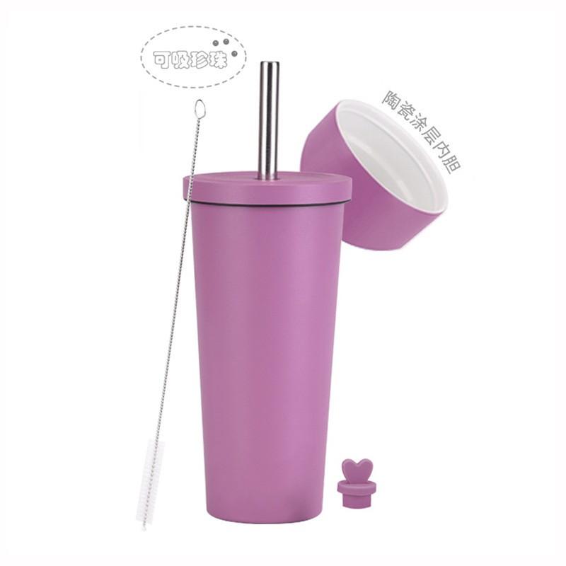 710ml Vacuum Insulated Stainless Steel Tumbler With Ceramic Coating Inner Straw Lid Hot Cold Drinks