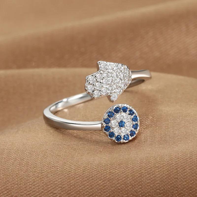 Hamsa Fatima's Hand Open Rings Turkish Blue Cubic Zircon Evil Eye Ring Protection Amulet Islamic Jewish Jewelry