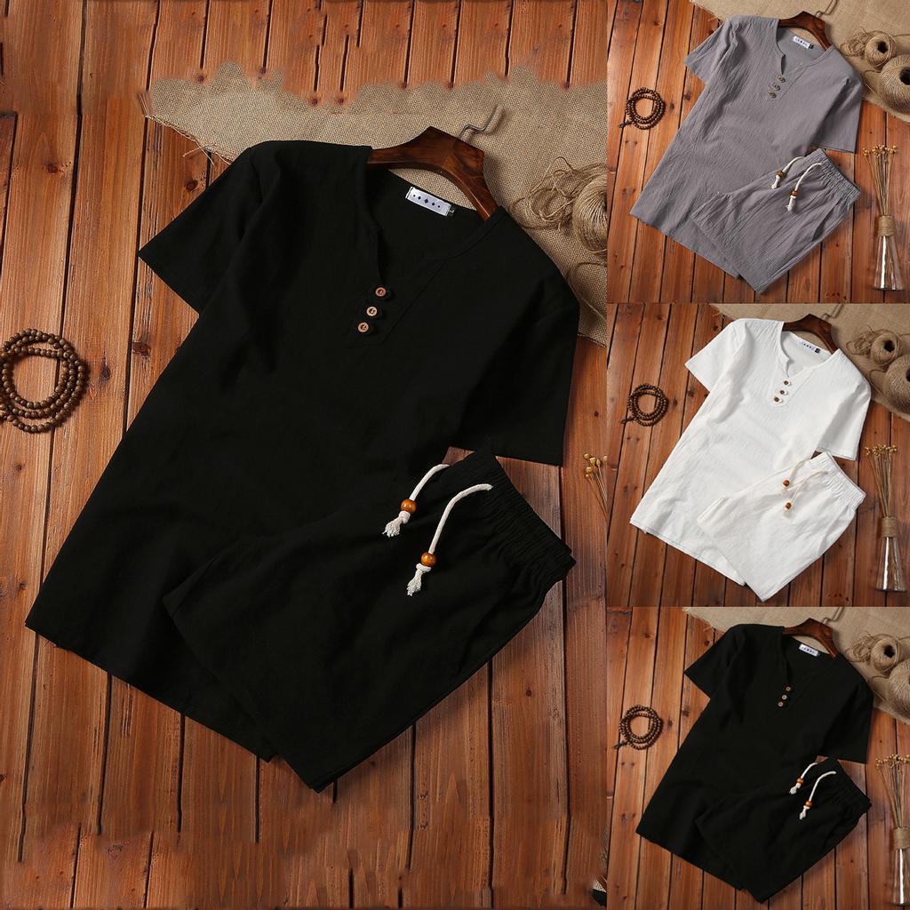 Mens Cotton Linen Set Solid Color Short-Sleeved T-Shirt Large Size Casual Set
