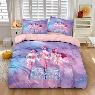 K-Pop Bettwäscheset Demon Hunters Themen rosa oder Schwarz andere Seite Druck Polyester Studentenwohnheim Bettbezug Jungen Mädchen Geschenk