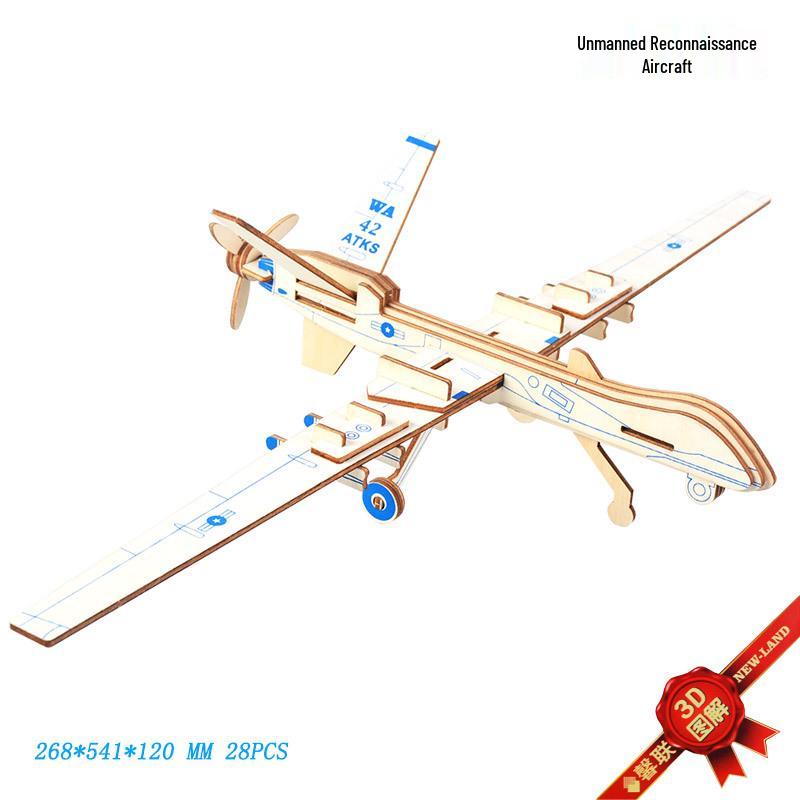 3D Wooden DIY Unmanned Recon Aircraft Model Puzzle - Educational Assembly Toy for Kids