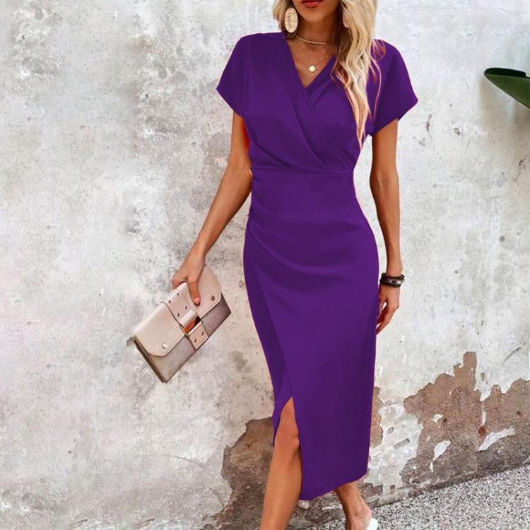 Şık Kadın Yaz Dar Kesim V Yaka Günlük Kokteyl İş Resmi Akşam Sarma Elbise