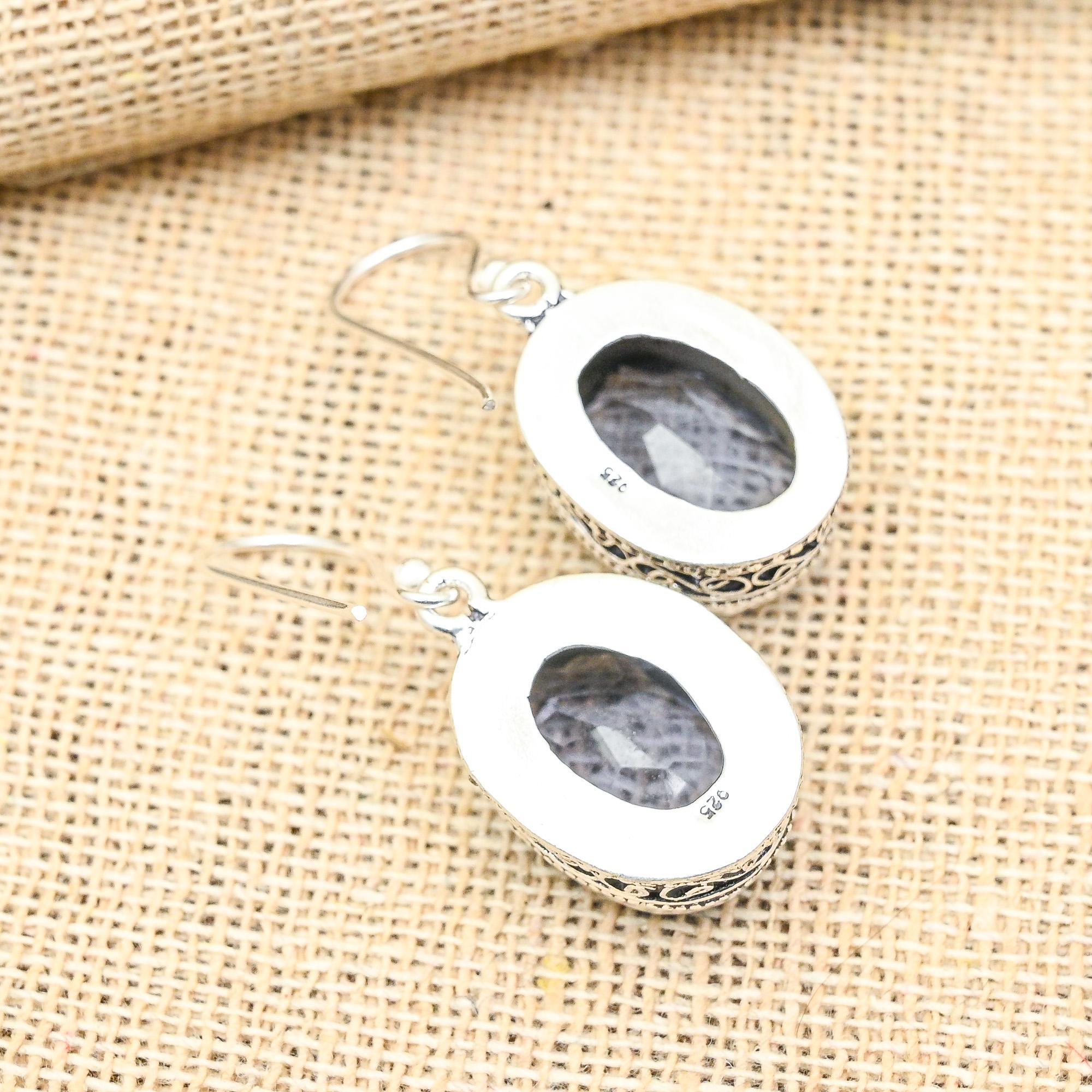 Boucles D'Oreilles Argent Sterling 925 Avec Iolite - Pierre Précieuse Taillée - Fait Main - Neuf
