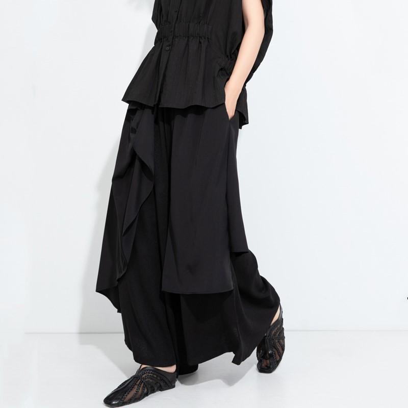 Black vintage plus size Summer High Waist wide leg Skirt Pants Women Loose Casual Trousers