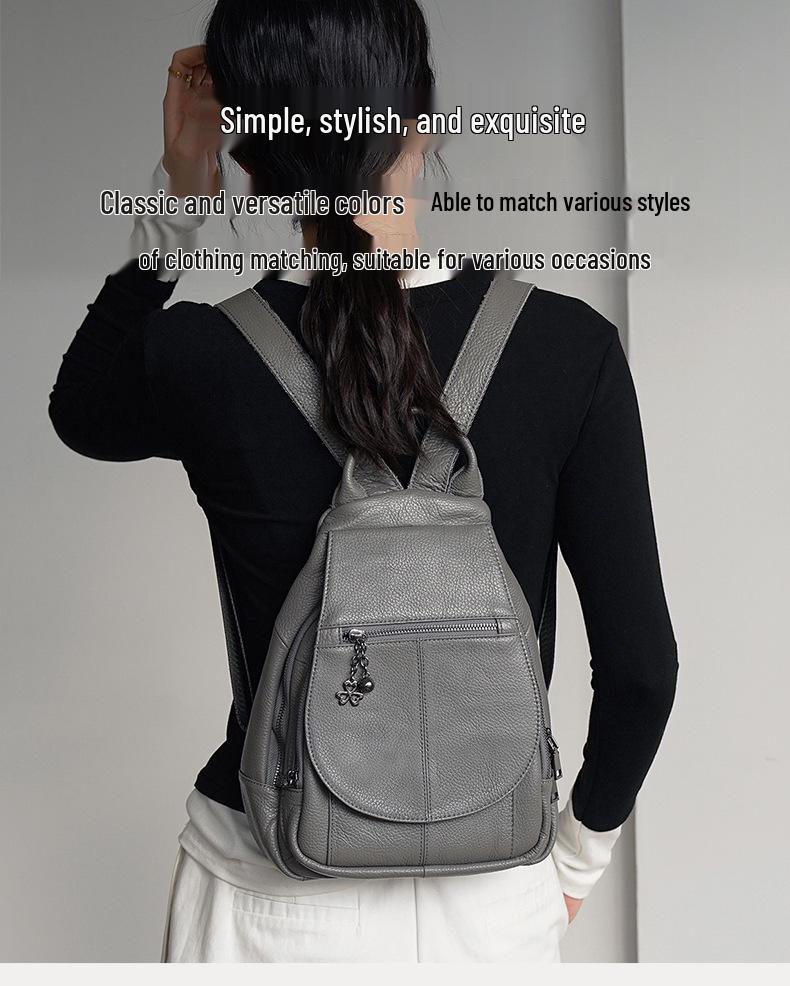 Solid Genuine Leather Women's Backpack: Fashionable, Casual, Lightweight, Multifunctional for Commuting and Travel