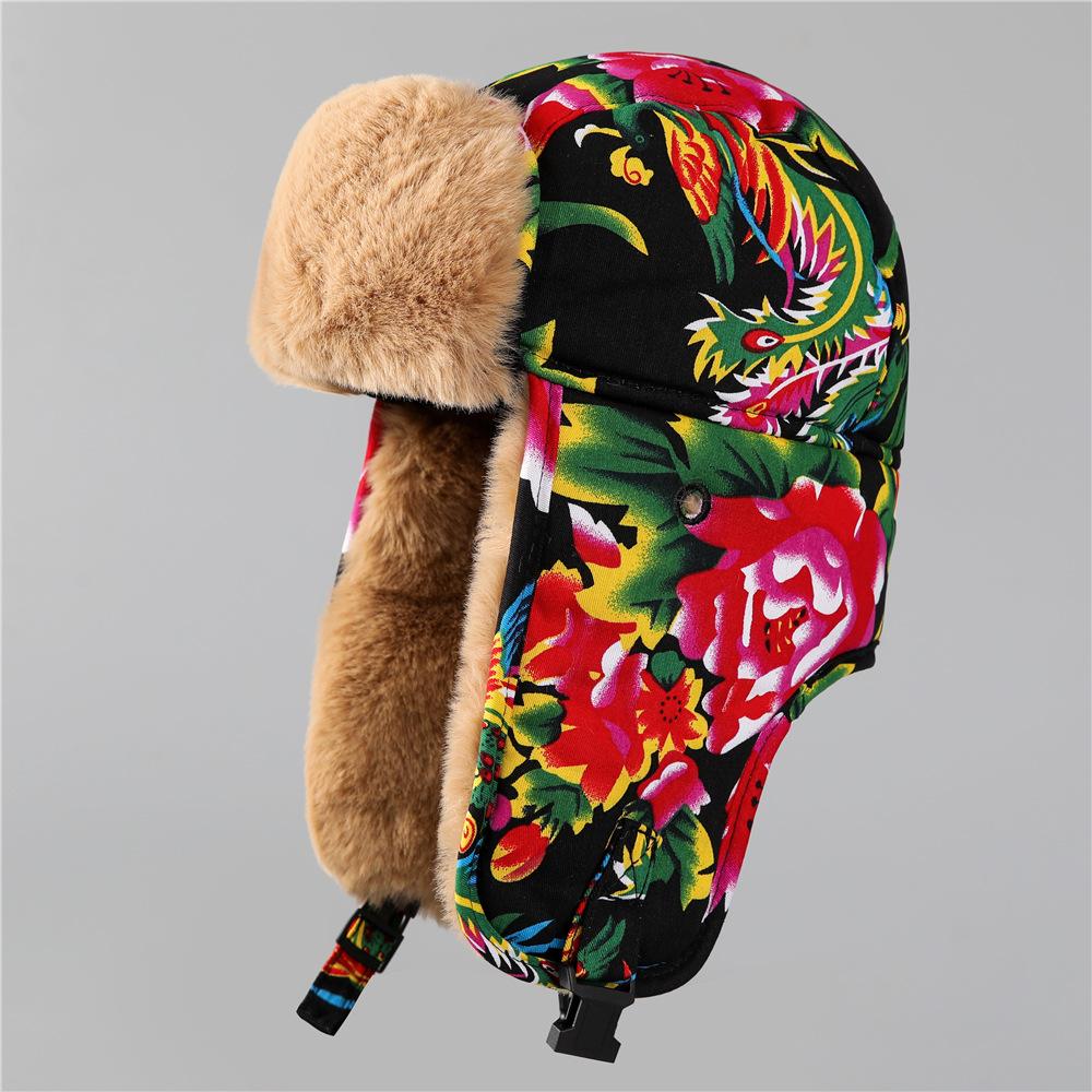 Ethnic Wind Big Flower Northeast Lei Feng Hat Women'S Winter Thickened Velvet Ear Protection Cotton Hat Outdoor Cold Cycling Windproof Hat